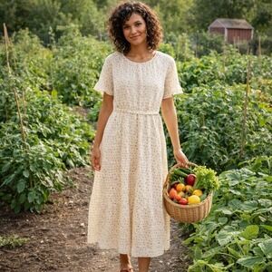 Paper Crane Yellow Floral Tiered Maxi Dress Short Sleeve Belted Size Medium Boho